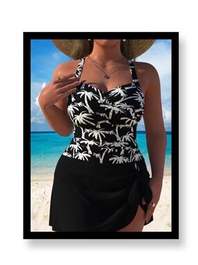 🆕 Women’s Plus Size Black Palm Print One-Piece Swimdress